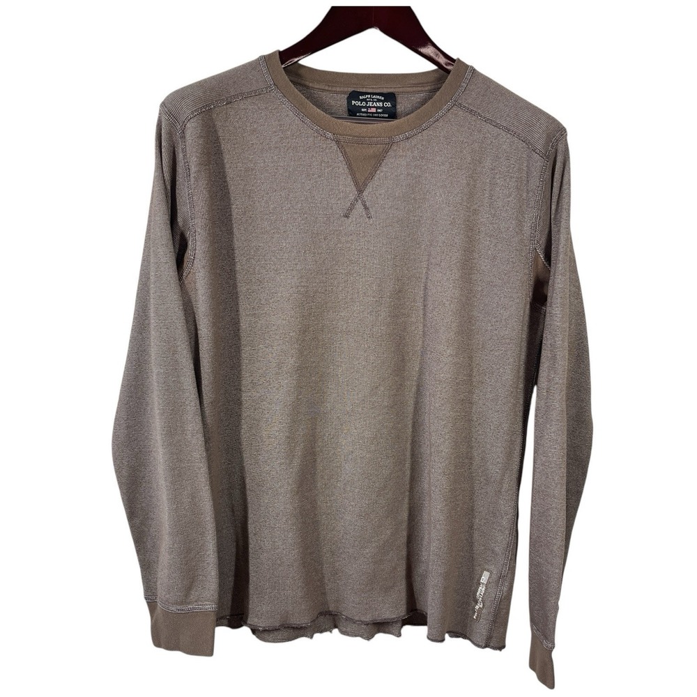 Vtg Ralph Lauren Polo Jeans Thermal Knit Tee Mens L Brown Crew Neck Long Sleeve